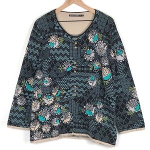 GUDRUN SJODEN Embroidered Cardigan Sweater Sz XL Blue Floral Organic Cotton L/S